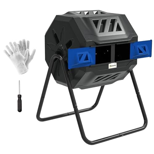 Image of Outsunny 160L Tumbling Compost Bin Outdoor Dual Chamber 360° Rotating Composter, Garden Compost Bin w/Sliding Doors & Solid Steel Frame, Blue