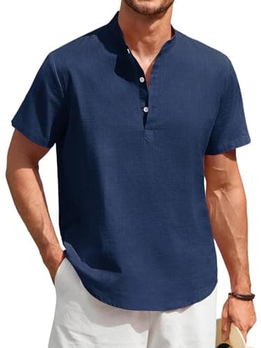 Image of Enlision Short Sleeve Linen Shirts for Men Casual Summer Grandad Collar Shirt Lightweight Breathable Solid Color Navy Blue Beach Collarless Henley Tops M