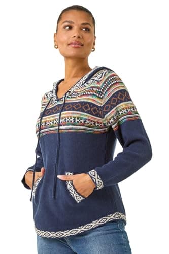 Image of Roman Women Jumper with Hood Ladies Winter Knitted Hoodie with Pockets Fairisle Nordic Aztec Print Hooded Sweater Knit Knitwear Autumn Flattering Casual Smart - Midnight Blue - Size 14