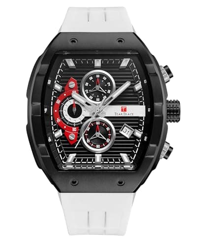 Image of TEARTRACE Men's Watches with Silicone Strap Analog Quartz Waterproof Chronograph Luminous Tonneau Watches for Men, Big Face Sport Work Dress Unique Wrist Watch, White