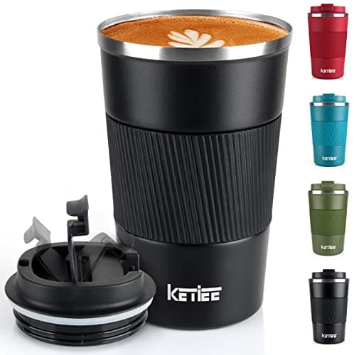 Image of KETIEE Travel Mug, 380ml Insulated Stainless Steel Cup with Double Wall - Leakproof, Hot/Cold Drinks - Black