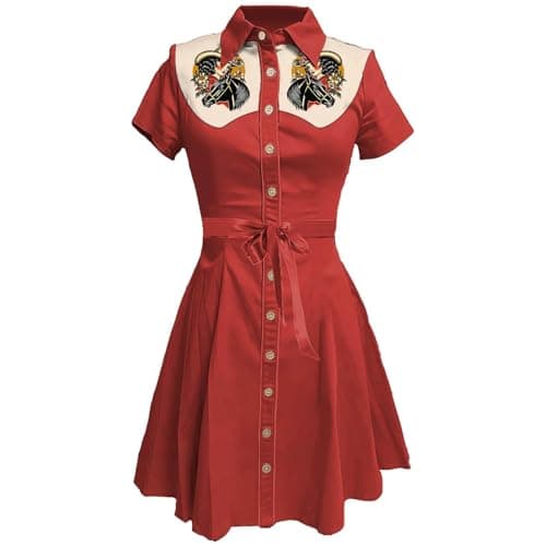 Image of Generisch Western Floral Print Shirt Dress Women's Summer Retro Style Button Down Casual Midi Dress Long Sleeve Everyday, Brick Red, L