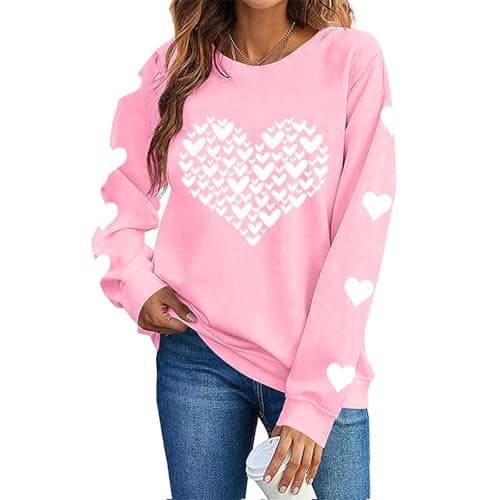 Image of Valentine's Sweatshirt for Women UK Long Sleeve Shirts Soft Basic Jumpers Blouse Cute Love Heart Graphic Printed Pullover Tops Crew Neck Casual Loose Sweatshirt Oversized Tshirt Pink