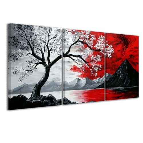 Image of CCWACPP Black and Red 3pc Wall Art Abstract Seascape Paintings Cloud Tree Art Prints Landscape Canvas Pictures Modern Living Room Bedroom Home Decor Framed (28x35cmx3)