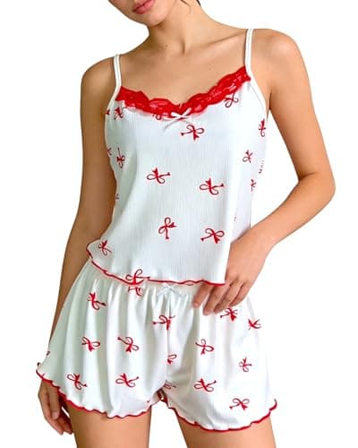 Image of GOZINA Women's Summer Pyjama, Cute Matching Two Piece Short Pajama Set with Ribbed Cherry Print Lace Trim, Soft Breathable Sexy Lounge Sleepwear (Bow, M)