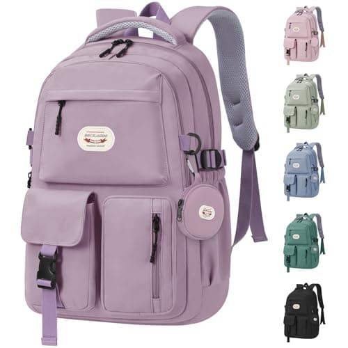 Image of BECOJADDE Backpack School Bag Womens Girls with 15.6'' Laptop compartment, Water Resistant Rucksack with Coin Purse, Daypack for College, Work & Travel, Ideal for Teens & Students Purple 25L