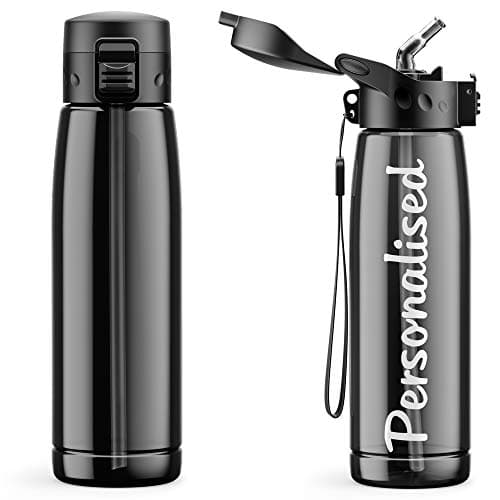 Image of Purple Print House Personalised Water Bottle With Straw - 660ml - School Water Bottles - Gym Bottle - Bpa Free - Cycling Sports - Add Your Custom Name To Bottled Water (Black)