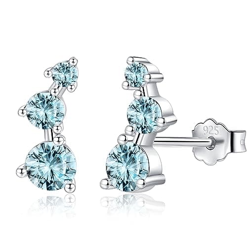Image of CERSLIMO Silver Stud Earrings for Women Girls - Climber Earrings with 3 Clear Cubic Zirconia CZ Stone, Sterling Silver Earrings | Hypoallergenic Earrings Jewellery Birthday Chritsmas Gifts, Blue