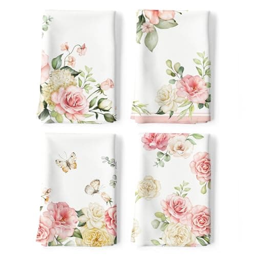 Image of Arquiel 4Pcs Watercolor Flower Kitchen Tea Towels 100% Cotton Pink Floral Butterfly Hand Towels Multiple Uses Quick Dry Dish Cloth for Table, Kitchen Decor, Housewarming Gifts