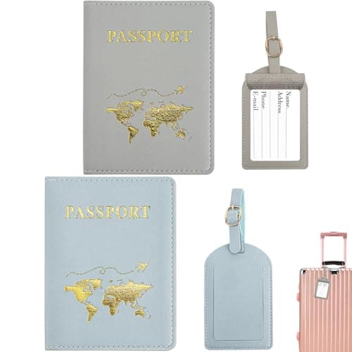 Image of ZDNT 4 Pcs Passport Cover and Luggage Tag,Passport Holder,Passport Cover Luggage Tag Set,PU Leather Passport Holder Travel Wallet Case Organiser for Passport Credit Card Business ((Blue, Grey))