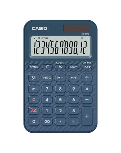 Image of CASIO MS-20YC small desktop calculator with time calculation, navy blue