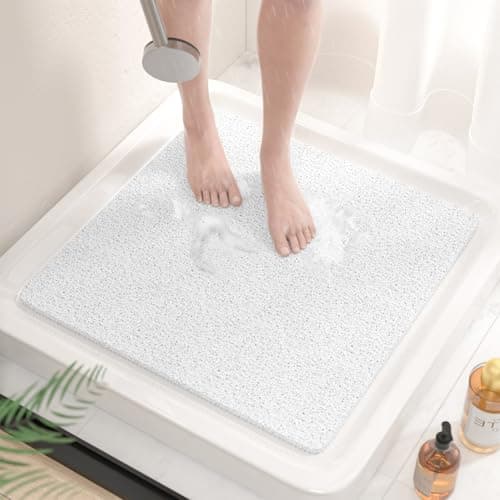 Image of HITSLAM Square Shower Mat Non Slip Anti Mould, 53 x 53cm Soft PVC Loofah Shower Mat for Inside Shower, Bath Mat Anti Slip With Drain, Quick Drying Shower Bath Mat, White