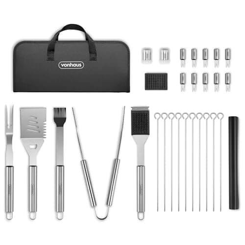Image of VonHaus BBQ Tool Set with Case, 30Pcs BBQ Accessories Kit Including Spatula, Fork, Tongs, Skewers, Corn Forks, Barbecue Grill Mats, Basting Brush & Cleaner, Heavy Duty BBQ Utensils for Outdoor Cooking