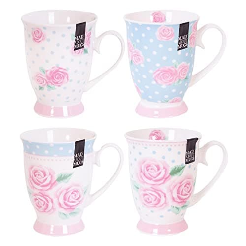 Image of YöL Set of 4 New Bone China Mugs Floral Polka Dot - Blue Pink White - Coffee Cups Afternoon Tea Latte Cappuccino Home Kitchen Office Gift Mug Set