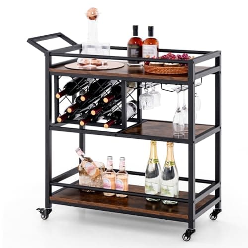 Image of COSTWAY Serving Trolley on Wheels, 3-Tier Rolling Bar Cart with Wine Rack, Glass Holder and Convenient Handle, Industrial Drinks Storage Trolley for Home Kitchen Bar, 91 x 36 x 92cm (Rustic Brown)