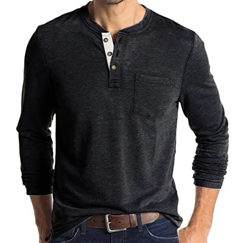 Image of Mens Polo Shirts Henley T Shirts Collarless Grandad T Shirt Golf Shirts Long Sleeve Tops Dark Grey T Shirt Men M