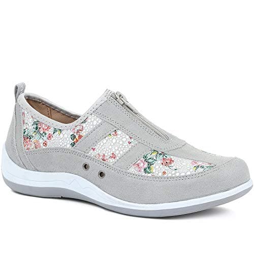 Image of Pavers Women's Leather Trainers in Grey Floral - Wide Fit Shoes Decorated with Shimmering Flashes - Ladies Casual Footwear - Size UK 8 / EU 41
