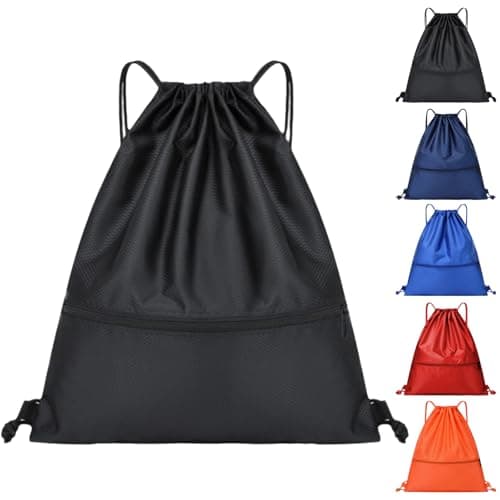 Image of Arae Drawstring Backpack Bag with Front Pocket Waterproof Oxford Cloth, Lightweight Gym Sack for Sports and Travel (Black, Small)