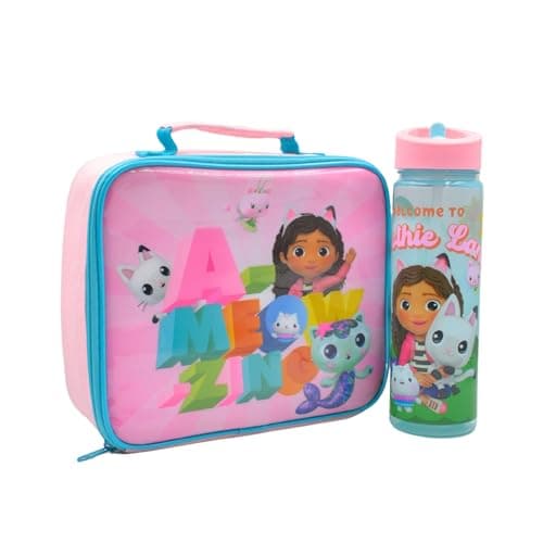 Image of Hox Gabby's Dollhouse Lunch Bag and Water Bottle Set Kids Cooler Bag and Water Bottle with Flip Up Spout Straw