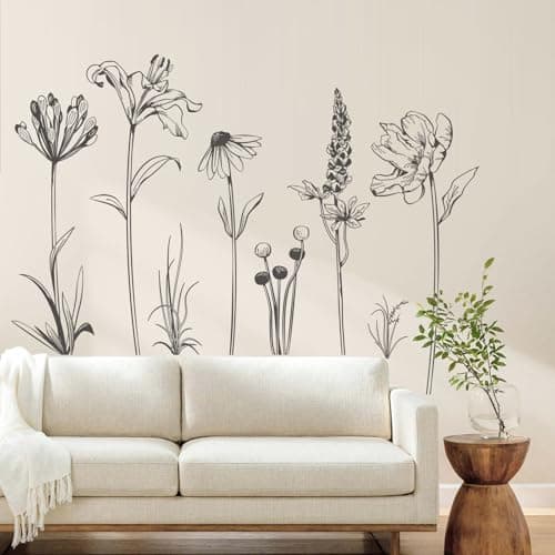 Image of Supzone Garden Flowers Wall Stickers Black Daisy Wildflower Wall Decals Modern Floral Wall Art Decor Bedroom Living Room Home Office Adult Wall Decor