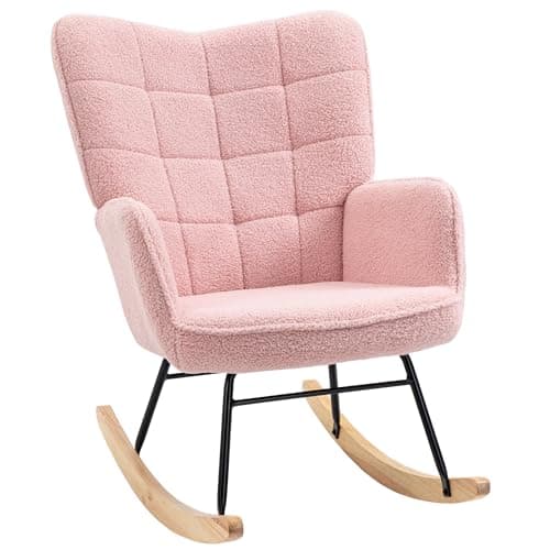 Image of HOMCOM Wingback Rocking Chair for Nursing, Upholstered Berber Fleece Nursery Glider Rocker, Modern Armchair for Living Room, Pink