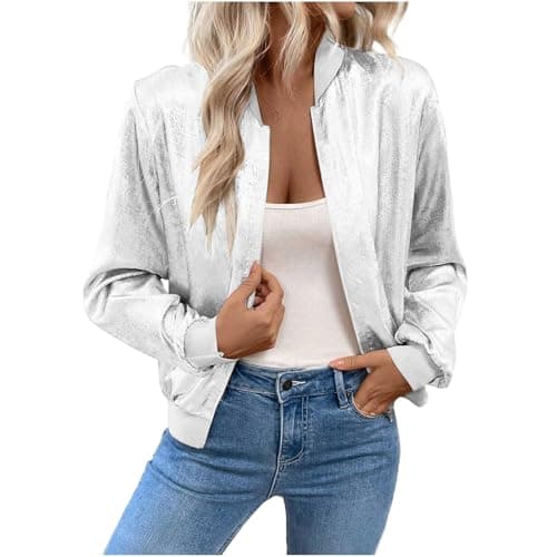 Image of Womens Sequin Jacket Waterproof Bomber Coat Glitter Long Sleeve Casual Sparkly Jackets Y2k Party Club Cowgirl Shimmer Biker Jackets Cardigans Ladies Slim Fit Lightweight Tops Disco Concert Outerwear