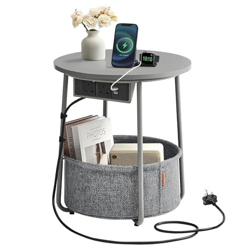 Image of VASAGLE Side Table with Charging Station, Round End Table with Power Outlets, USB Ports, Fabric Basket, Living Room, Bedroom, Bedside Table, Modern, Dove Grey and Slate Grey LET228G03