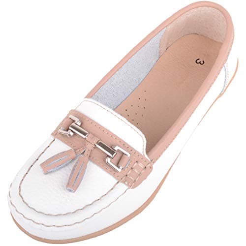 Image of ABSOLUTE FOOTWEAR Womens Casual Slip On Two Tone Leather Loafer Boat Shoe with Tassel Design - White/Mocha - UK 6 / EU 39