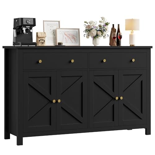 Image of FirFurd Sideboard 140cm Large Kitchen Sideboard Storage Cabinet Black Kitchen Cabinet Cupboard with 2 Drawers 4 Doors Adjustable Shelves for Living Room Dining Room 140x40x89cm