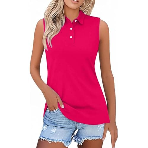 Image of Ladies Polo Shirts Sleeveless Polo Shirts for Women UK Plus Size Ladies Golf Vest Tennis Sports Tank Tops Casual Summer Gym Shirt Breathable Lightweight Tshirt Work T-Shirt Activewear Hot Pink