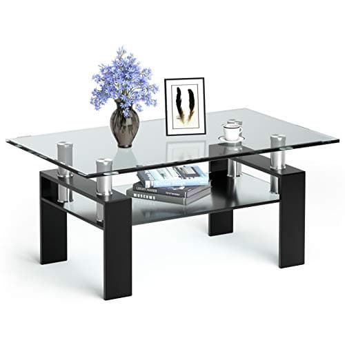 Image of COSTWAY Tempered Glass Coffee Table, 2-Tiers Rectangle Side End Table with Lower Storage Shelf and Metal Legs, Home Office Living Room Modern Tea Table (Black)