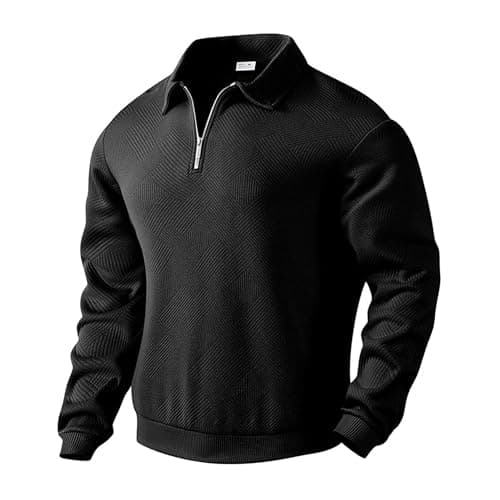 Image of MakingDa Collared Sweatshirt Men Long Sleeve Casual Smart Quarter Zip Polo Neck Jumpers Retro Jacquard Knitted Tops Regular Fit Winter Pullover Knitwear-Black-M