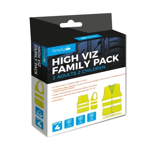 Image of Simply SHV4 High Viz Vest Family Pack – 2 Adults & 2 Children – European Safety Compliant – Durable Material – Hook & Loop Fastening – Washable