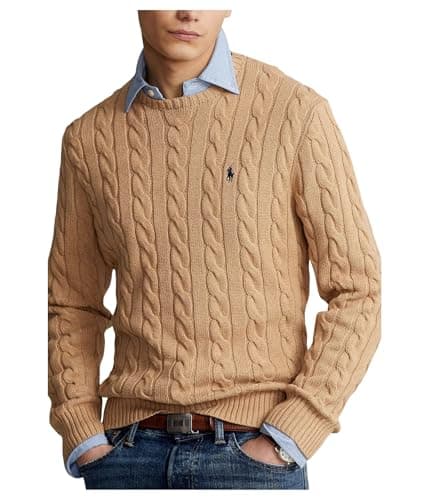 Image of Polo Ralph Lauren Mens Cable-Knit Cotton Sweater, Camel Melange, XXL