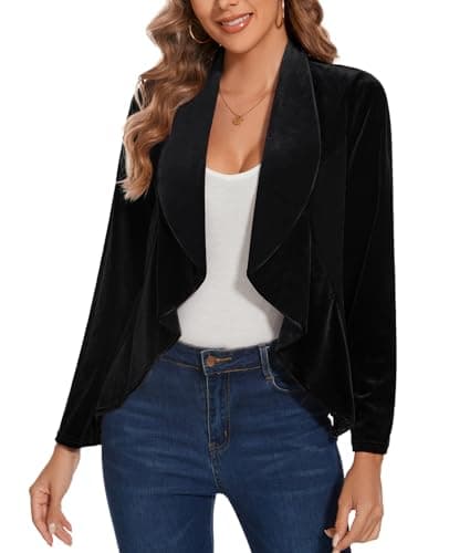 Image of MINTLIMIT Womens Velvet Blazer Open Front Long Sleeve Suits Vintage Ladies Blazers Cardigans Casual Retro Ruffle Trim Unlined Going-Out Wear (Black L)