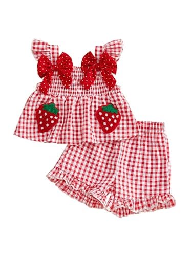 Image of Acrawnni Toddler Baby Girl Summer Outfit Strawberry Embroidered Plaid Bows Ruffled Trim Tank Tops and Shorts 2 Pcs Set (A-Red, 9-12 Months)