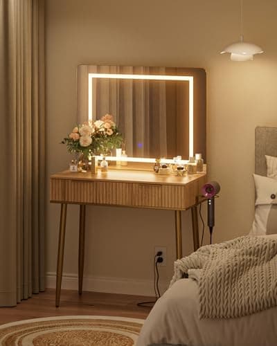 Image of Apetaccat Dressing Table with Mirror, Dressing Tables, Dressing Table with Lighting Color Adjustable, Modern Cosmetic Table with 2 Drawers, Oak