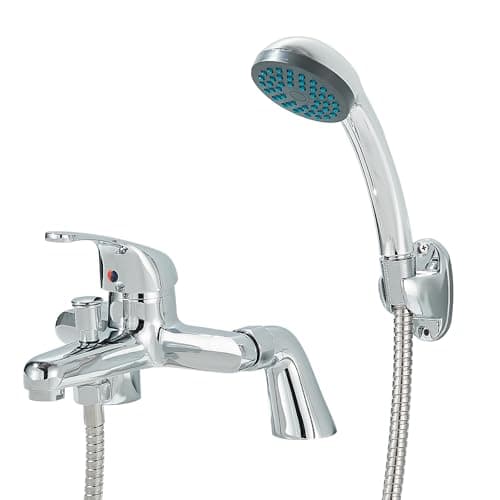 Image of TVTIUO Modern Bathroom Sink Faucet with Shower Mixer, Modern Bathroom Curved Bathtub Shower Mixer with Shower Handle and Hose Brass Base Mounted Single Handle Chrome Faucet