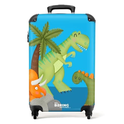 Image of NoBoringSuitcases.com® Children's Luggage Kids Suitcase for Boys - Hand Luggage on Wheels - Cabin Suitcase - Hard Shell Trolley 55x40x20 cm - Green Orange Dinosaur Blue Background - 20"- 10kg