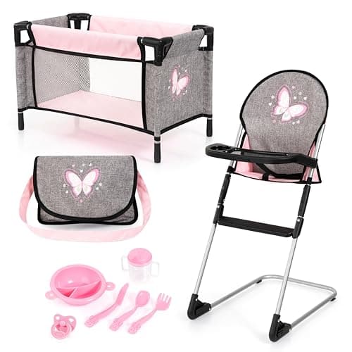 Image of Bayer 9-in-1 Baby Doll Accessories Set - Travel Cot, Dolls High Chair, Changing Bag, Dummy & Doll Feeding Set - Toy Baby Accessories for 46cm Dolls - Role Play Toddler, 3+ Year Old Toys, Girls, Boys