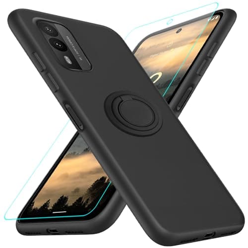 Image of Nijiadi for Nokia XR21 5G Phone Case with Glass Screen Protector, 360° Rotatable Ring Holder Magnetic Kickstand/Stand Silicone TPU Shockproof Protective Cover Case for Nokia XR21 5G - Black