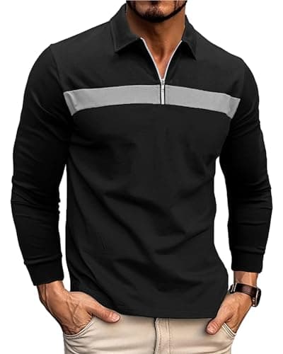 Image of Ryehack Men's 1/4 Zip Polo Shirt Long Sleeve, Raglan & Contrast Color - Casual & Golf T-Shirt, Black, XL