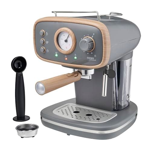 Image of Cooks Professional 15-Bar Retro Espresso Coffee Machine with Frothing Steam Wand, Built-In Temperature Gauge, 1.2L Water Tank & Stainless Steel Drip Tray | Nordic Grey