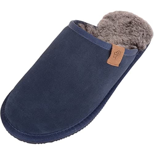 Image of SNUGRUGS Mens Genuine Sheepskin Open Back Winter Mule Slipper with EVA Sole - Navy Tipped - UK 9