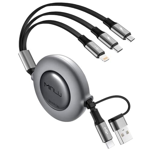 Image of Minlu Multi Charger Cable, 5 in 1 Retractable Charging Cable with Data Transfer[3.5A 1.2m] Retractable USB C Cable, 3 in 2 USB C Multi Charging Cable for iPhone Series/Samsung/Huawei/Sony/Tablet