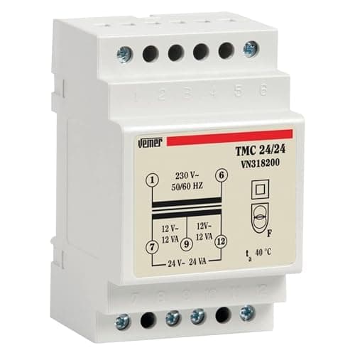 Image of VEMER VN318200 model TMC 24/24 DIN-rail mounting safety transformer for continuous service 230V/12-24V. Color Grey