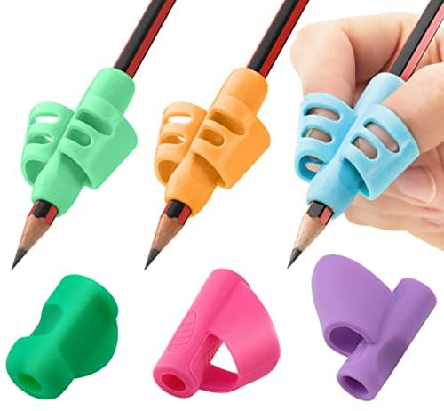 Image of Stylo 6 Pack Pencil Grips for Children Handwriting, Multi-Color Designs, Assorted - For Left and Right Handed Children - Comfortable Writing Aid for Improving Handwriting (Multicolored)