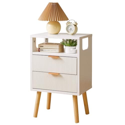 Image of Aibiju Bedside Table with 2 Storage Drawers, Wooden Nightstand with Solid Wood Legs, Sofa Table, Sturdy Modern Cabinet for Bedroom, Living Room, White YD-TM063W