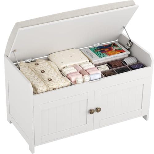 Image of HOME BI Shoe Bench, Storage Bench with Padded Seat Cushion, Bench with 2-Door Storage Cabinets,Shoe Cabinet for for Entry, Bedroom, Cloakroom, Living Room and Hallway,White