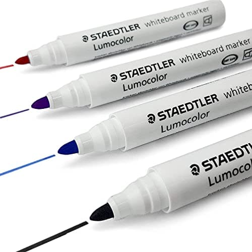 Image of 4 x Assorted Staedtler Lumocolor Whiteboard Marker Pens 351 - Dry Erase Correction Pen - Bullet Tip - 1 x Black 1 x Blue 1 x Purple 1 x Red